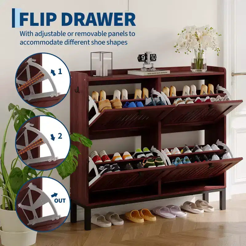 Shoe Storage Cabinet with 4 Flip Drawers, Hollow-Out Panel, Anti-Tipping, Adjustable Shelves for Entryway, Living Room, Bedroom