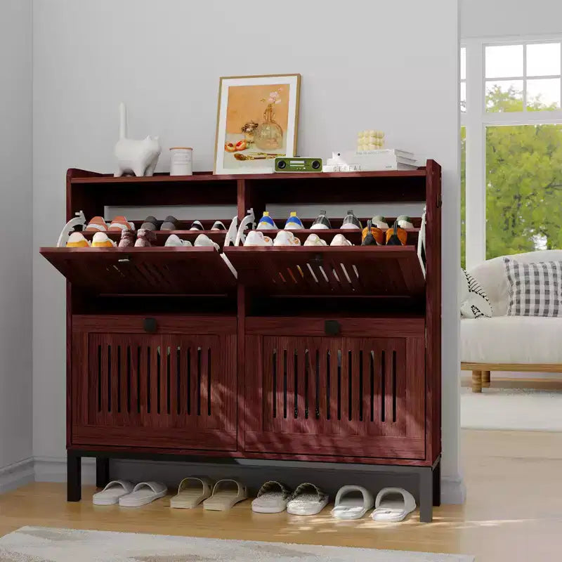 Shoe Storage Cabinet with 4 Flip Drawers, Hollow-Out Panel, Anti-Tipping, Adjustable Shelves for Entryway, Living Room, Bedroom
