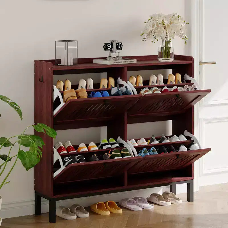 Shoe Storage Cabinet with 4 Flip Drawers, Hollow-Out Panel, Anti-Tipping, Adjustable Shelves for Entryway, Living Room, Bedroom