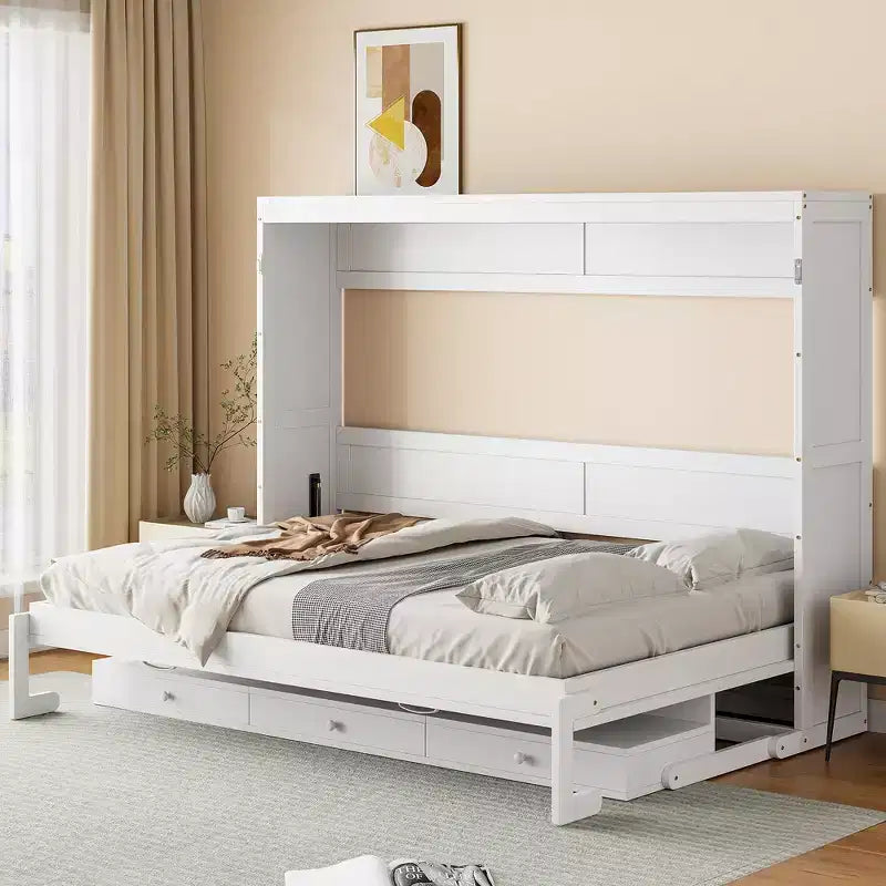 GDFStudio Miller Queen Size Wall Murphy Bed with Vanity Desk, Center Mirror & 2 Side Drawers