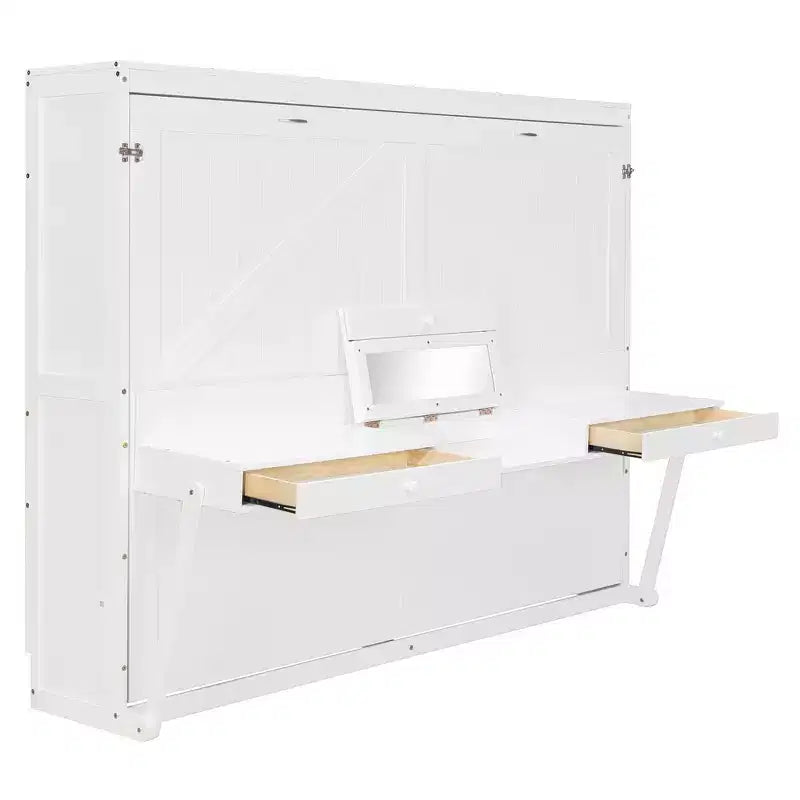 GDFStudio Miller Queen Size Wall Murphy Bed with Vanity Desk, Center Mirror & 2 Side Drawers