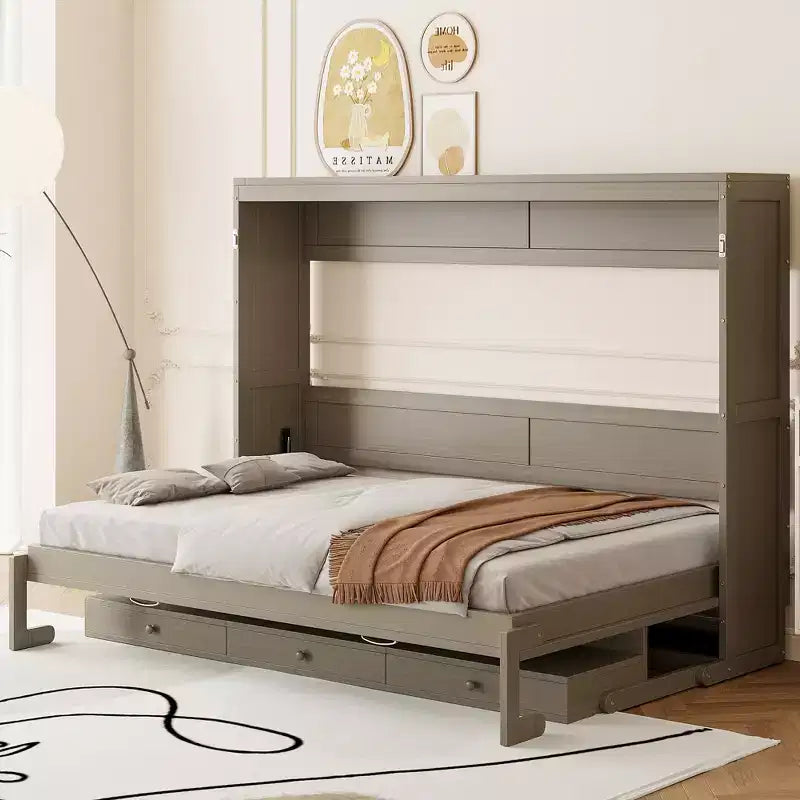 GDFStudio Miller Queen Size Wall Murphy Bed with Vanity Desk, Center Mirror & 2 Side Drawers