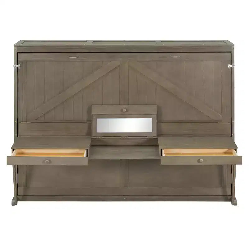 GDFStudio Miller Queen Size Wall Murphy Bed with Vanity Desk, Center Mirror & 2 Side Drawers