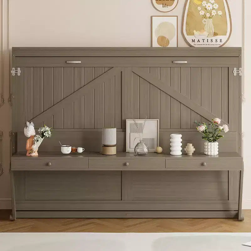 GDFStudio Miller Queen Size Wall Murphy Bed with Vanity Desk, Center Mirror & 2 Side Drawers