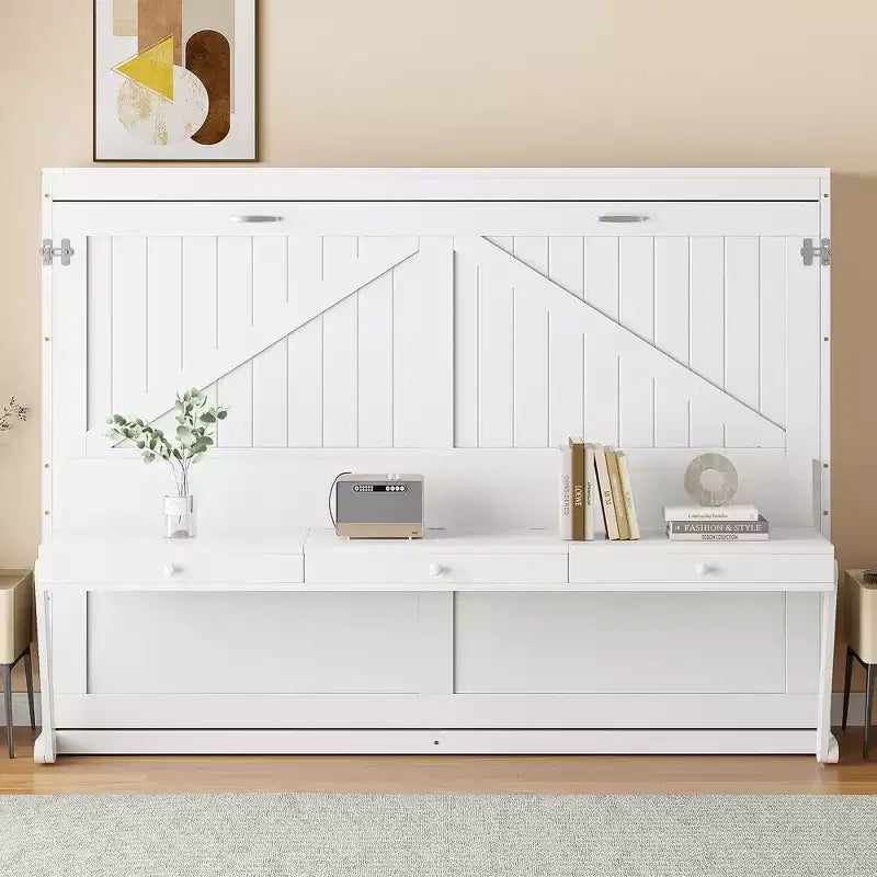 GDFStudio Miller Queen Size Wall Murphy Bed with Vanity Desk, Center Mirror & 2 Side Drawers