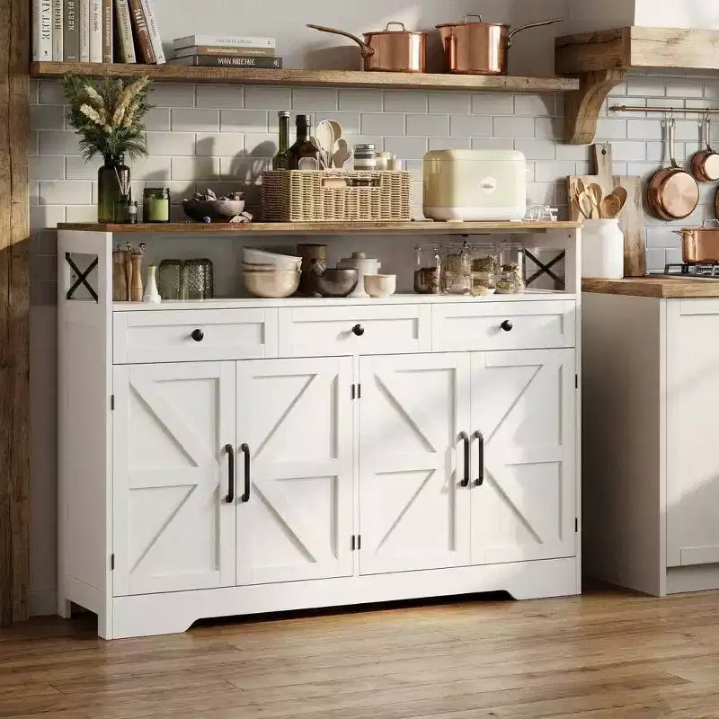 55 Farmhouse Cabinet with Charging Station & 3 Drawers, Sideboard Buffet Cabinet with Storage and Open Shelf, for Dining Room Living Room