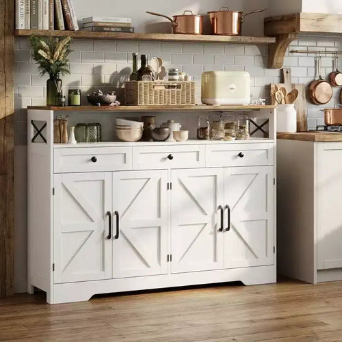 55 Farmhouse Cabinet with Charging Station & 3 Drawers, Sideboard Buffet Cabinet with Storage and Open Shelf, for Dining Room Living Room