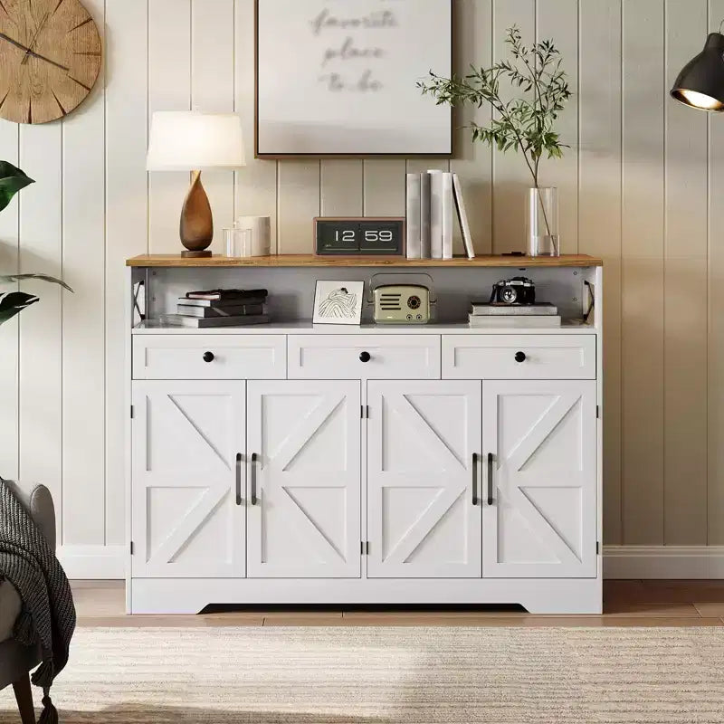 55 Farmhouse Cabinet with Charging Station & 3 Drawers, Sideboard Buffet Cabinet with Storage and Open Shelf, for Dining Room Living Room