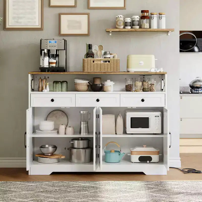55 Farmhouse Cabinet with Charging Station & 3 Drawers, Sideboard Buffet Cabinet with Storage and Open Shelf, for Dining Room Living Room