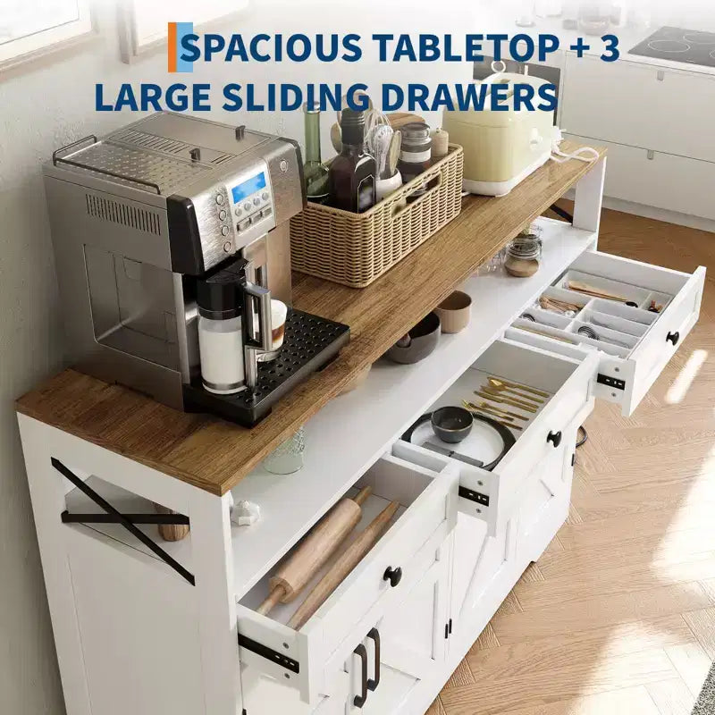 55 Farmhouse Cabinet with Charging Station & 3 Drawers, Sideboard Buffet Cabinet with Storage and Open Shelf, for Dining Room Living Room
