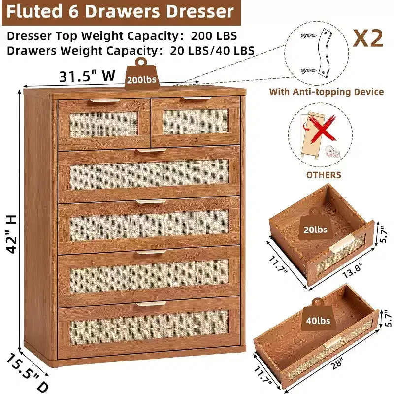 BALHAM TRADE-Rattan Dresser Set of 2 for Bedroom 41 Tall 6 Drawers Closet Organizer