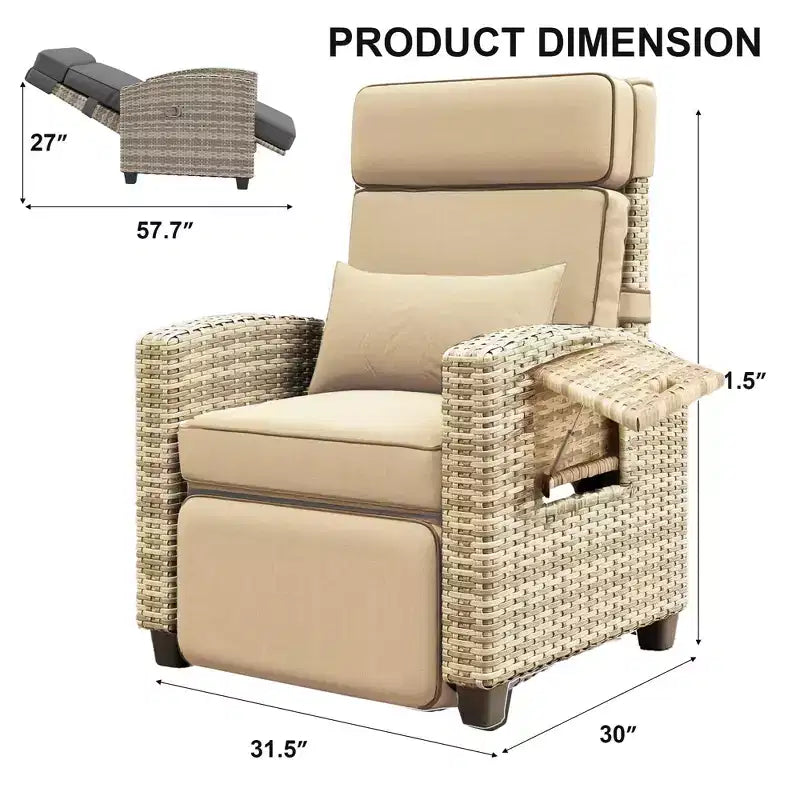 Outdoor Wicker Lounge, Adjustable 150 Reclining Rattan Patio Chair, All-Weather PE Wicker, invert-Up Side Table, Footrest, for Garden, Lawn