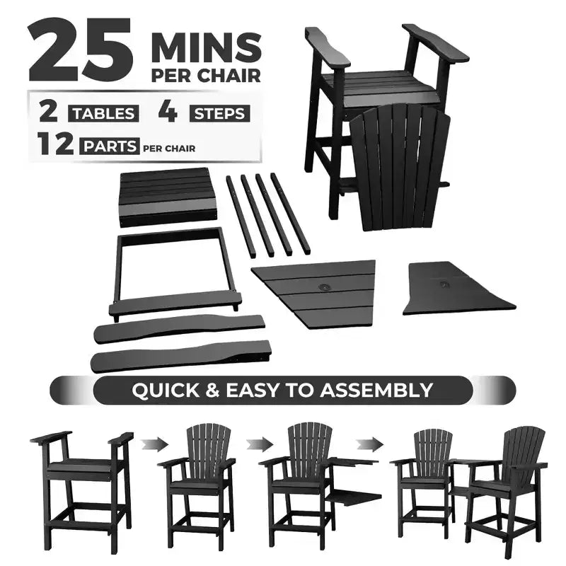 Outdoor Tall Adirondack Chairs, with Connecting Tray, Compact Seating, Bar Stool Chair with High Back, for Garden Deck Backyard