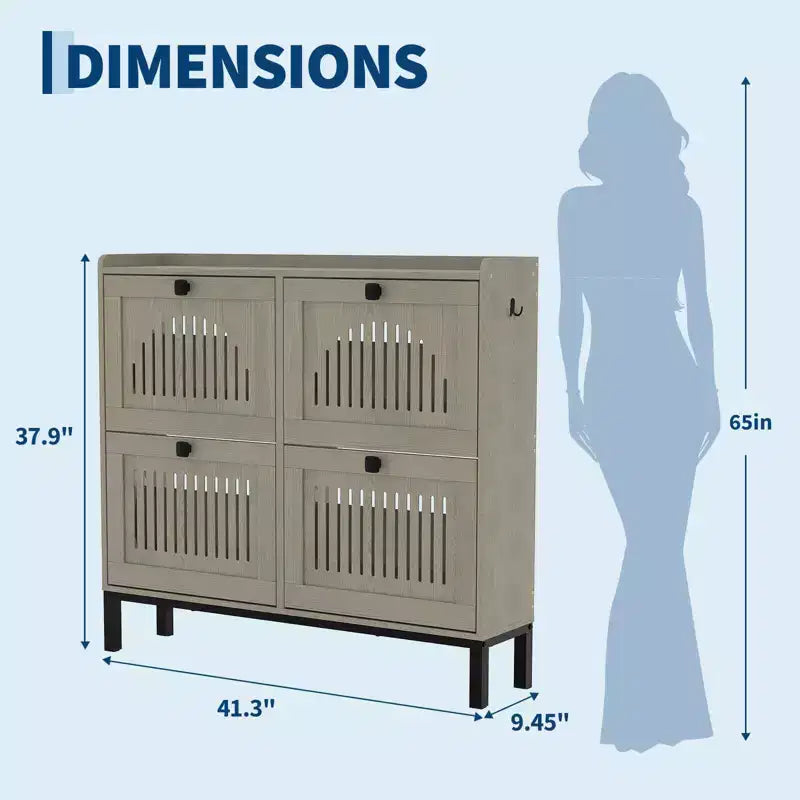 Modern 4 Flip Drawer Shoe Storage Cabinet with Adjustable Shelves, Space-Saving Wooden Organizer with Hollow-Out Panel & Black Handles for Entryway