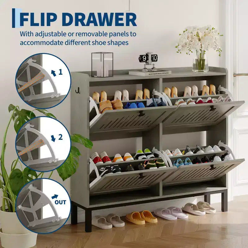 Modern 4 Flip Drawer Shoe Storage Cabinet with Adjustable Shelves, Space-Saving Wooden Organizer with Hollow-Out Panel & Black Handles for Entryway