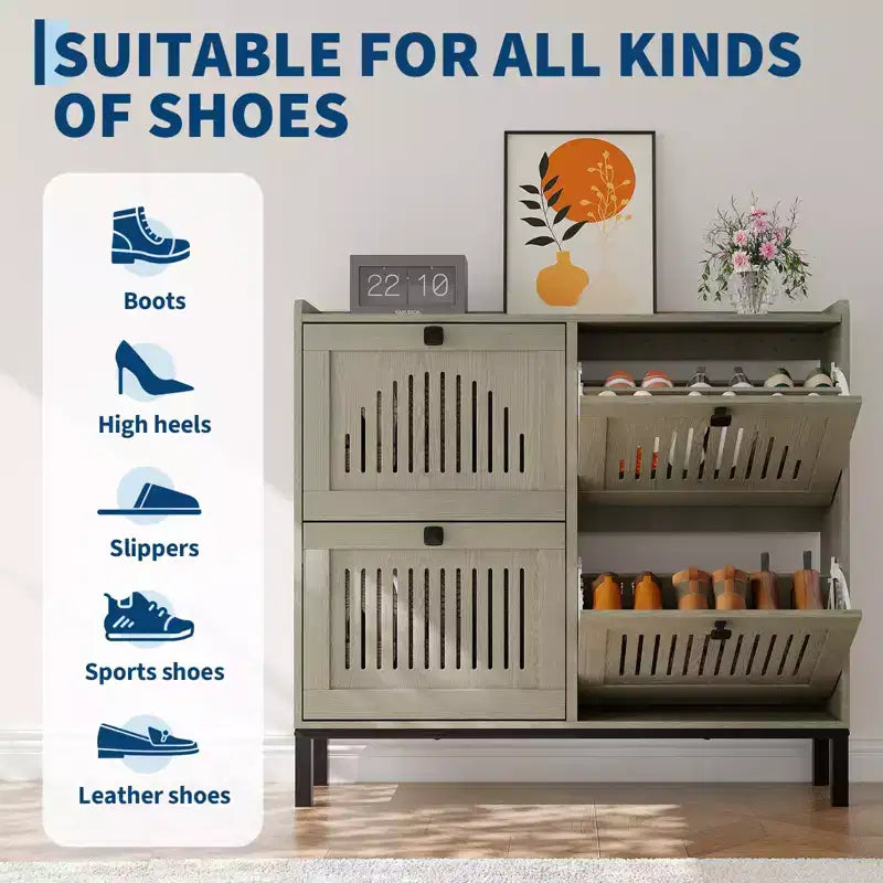 Modern 4 Flip Drawer Shoe Storage Cabinet with Adjustable Shelves, Space-Saving Wooden Organizer with Hollow-Out Panel & Black Handles for Entryway