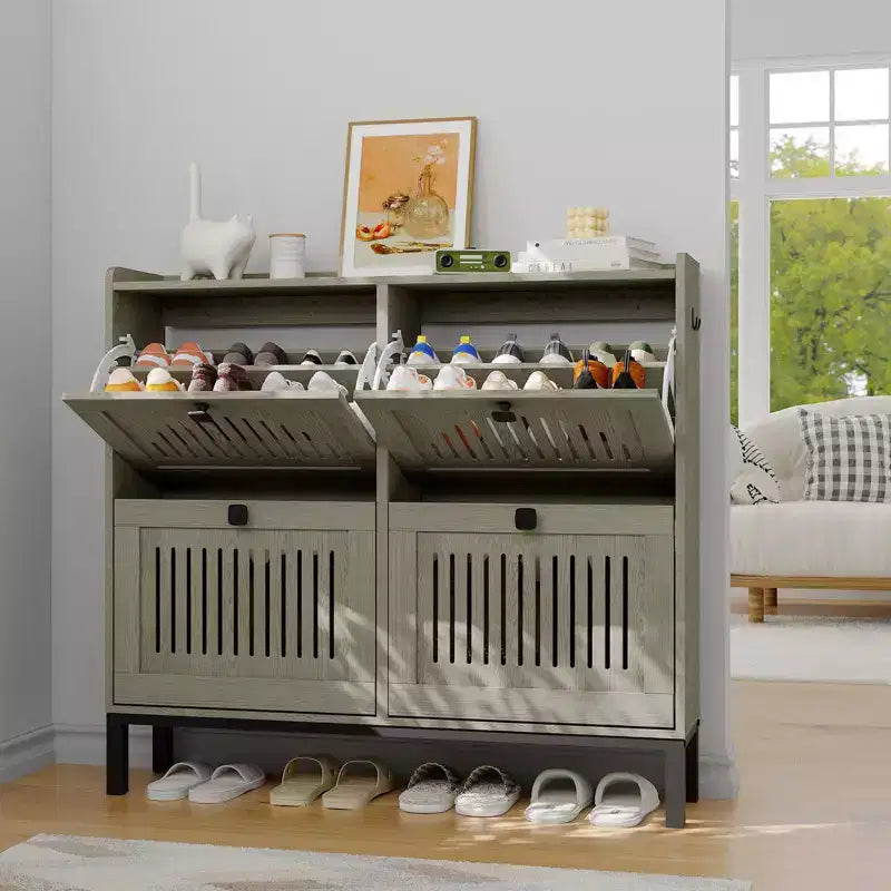 Modern 4 Flip Drawer Shoe Storage Cabinet with Adjustable Shelves, Space-Saving Wooden Organizer with Hollow-Out Panel & Black Handles for Entryway
