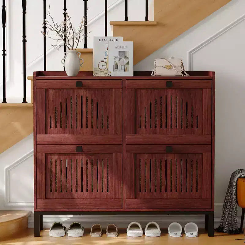 Modern 4 Flip Drawer Shoe Storage Cabinet with Adjustable Shelves, Space-Saving Wooden Organizer with Hollow-Out Panel & Black Handles for Entryway