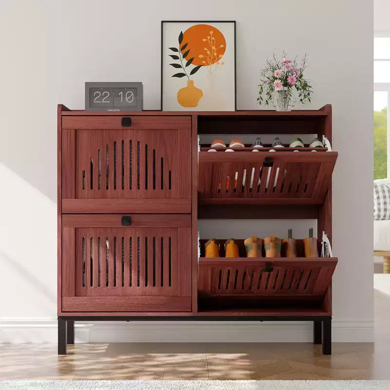 Modern 4 Flip Drawer Shoe Storage Cabinet with Adjustable Shelves, Space-Saving Wooden Organizer with Hollow-Out Panel & Black Handles for Entryway