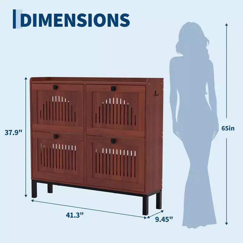 Modern 4 Flip Drawer Shoe Storage Cabinet with Adjustable Shelves, Space-Saving Wooden Organizer with Hollow-Out Panel & Black Handles for Entryway