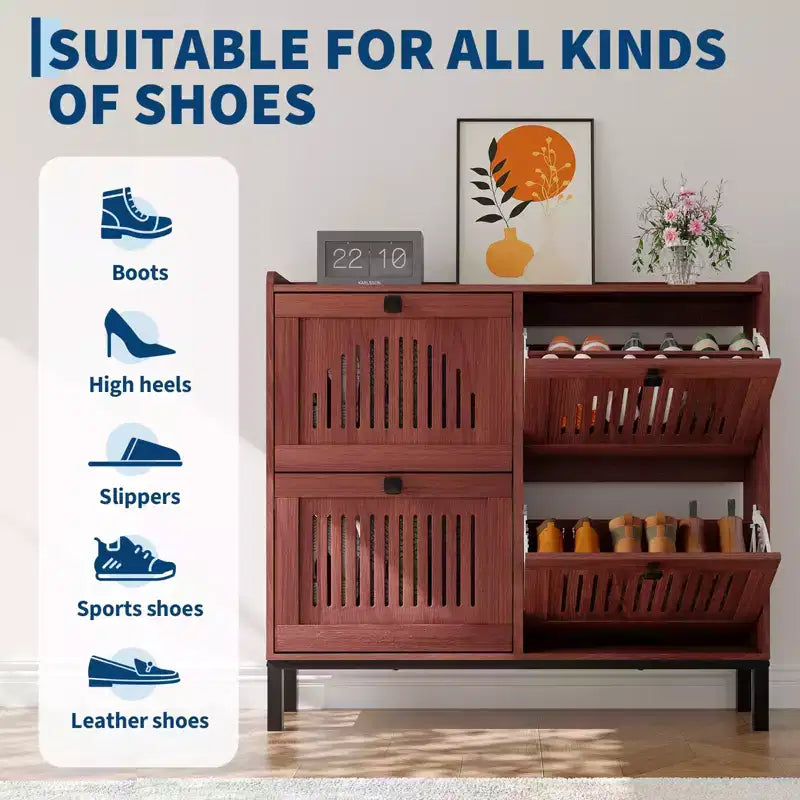 Modern 4 Flip Drawer Shoe Storage Cabinet with Adjustable Shelves, Space-Saving Wooden Organizer with Hollow-Out Panel & Black Handles for Entryway