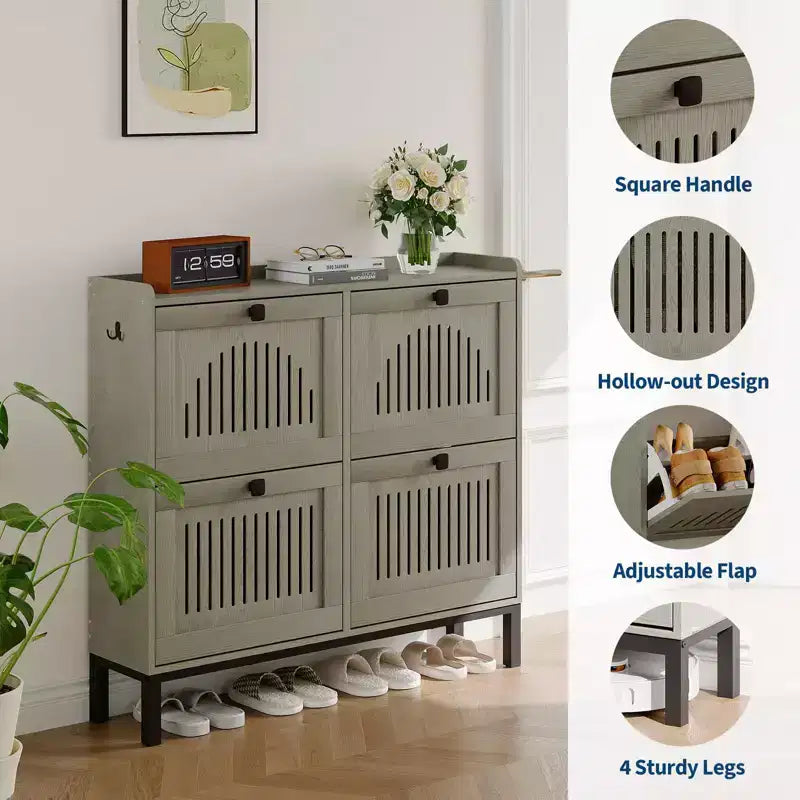 Modern 4 Flip Drawer Shoe Storage Cabinet with Adjustable Shelves, Space-Saving Wooden Organizer with Hollow-Out Panel & Black Handles for Entryway