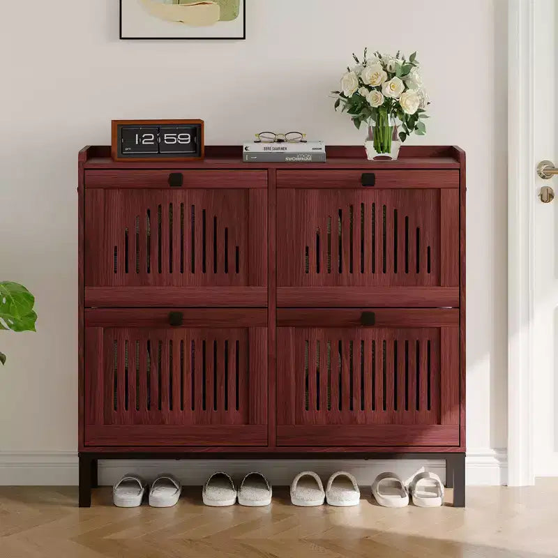 Modern 4 Flip Drawer Shoe Storage Cabinet with Adjustable Shelves, Space-Saving Wooden Organizer with Hollow-Out Panel & Black Handles for Entryway
