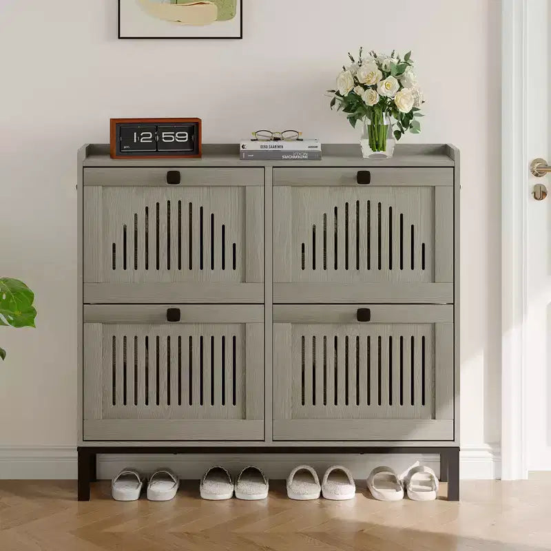 Modern 4 Flip Drawer Shoe Storage Cabinet with Adjustable Shelves, Space-Saving Wooden Organizer with Hollow-Out Panel & Black Handles for Entryway