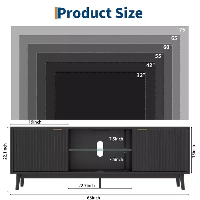 TV Stand,Entertainment Center for 75 TV, Fluted Media Console with Adjustable Shelves,Black Living Room Furniture