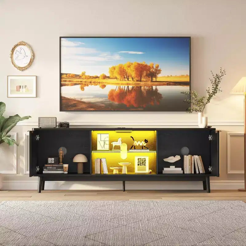 TV Stand,Entertainment Center for 75 TV, Fluted Media Console with Adjustable Shelves,Black Living Room Furniture