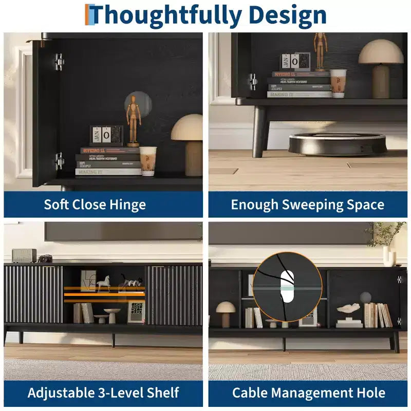 TV Stand,Entertainment Center for 75 TV, Fluted Media Console with Adjustable Shelves,Black Living Room Furniture