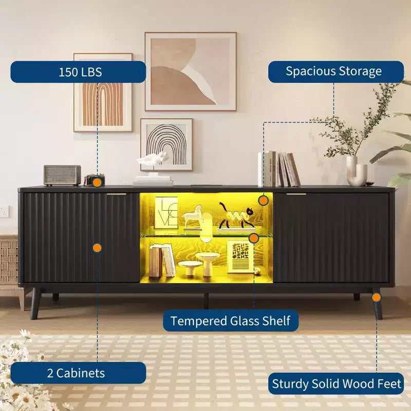 TV Stand,Entertainment Center for 75 TV, Fluted Media Console with Adjustable Shelves,Black Living Room Furniture