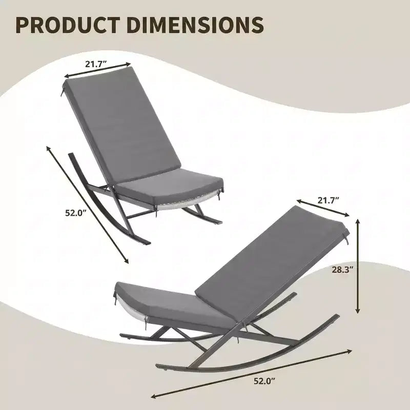 Set of 2 Outdoor Rocking Lounge Chairs, Patio Chaise with Removable Cushions for Relaxing, Napping, Indoor Recliner Rocker Chairs