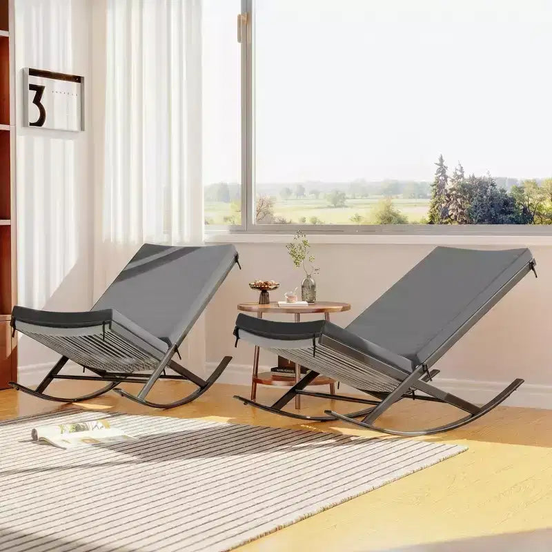 Set of 2 Outdoor Rocking Lounge Chairs, Patio Chaise with Removable Cushions for Relaxing, Napping, Indoor Recliner Rocker Chairs