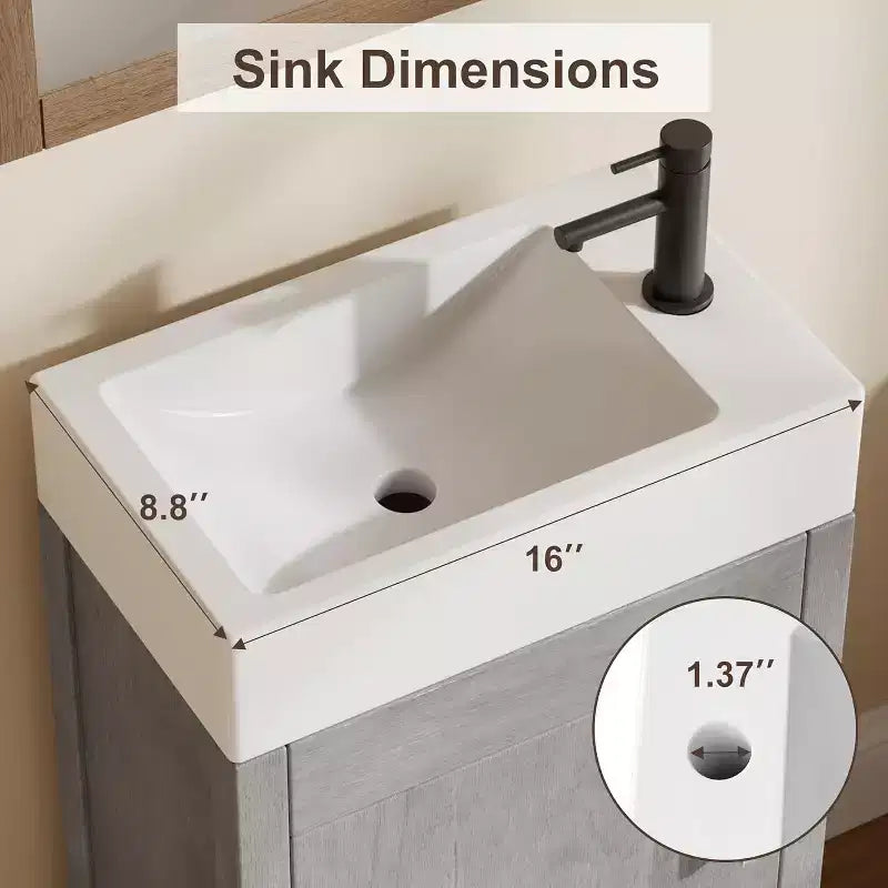 16 Inch Freestanding Bathroom Vanity with Sink, Single Door Storage Cabinet Soft Close for Small Bathroom Powder Room