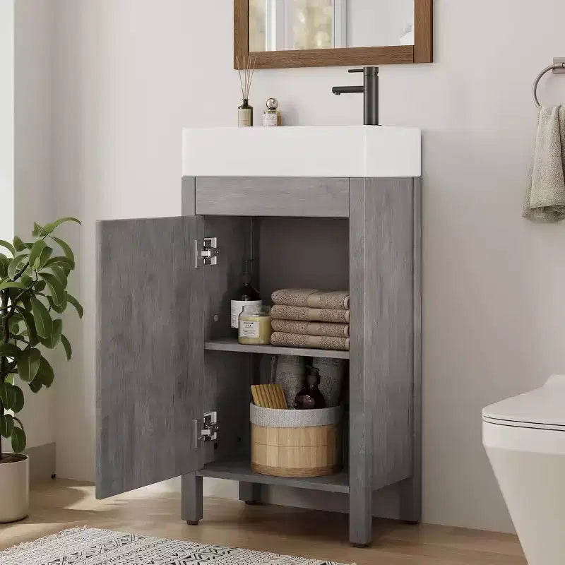16 Inch Freestanding Bathroom Vanity with Sink, Single Door Storage Cabinet Soft Close for Small Bathroom Powder Room