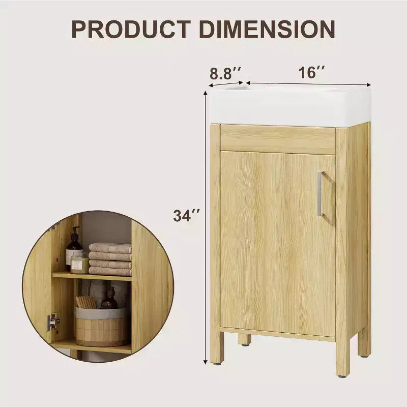 16 Inch Freestanding Bathroom Vanity with Sink, Single Door Storage Cabinet Soft Close for Small Bathroom Powder Room