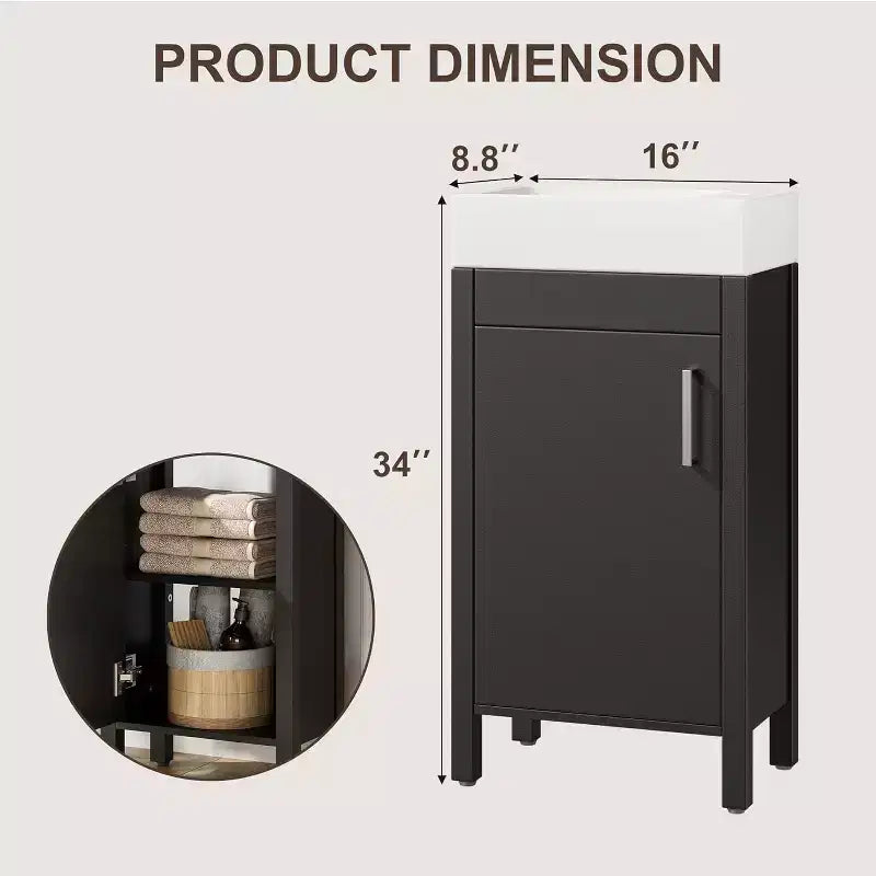 16 Inch Freestanding Bathroom Vanity with Sink, Single Door Storage Cabinet Soft Close for Small Bathroom Powder Room