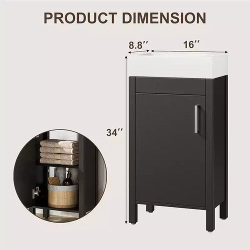 16 Inch Freestanding Bathroom Vanity with Sink, Single Door Storage Cabinet Soft Close for Small Bathroom Powder Room