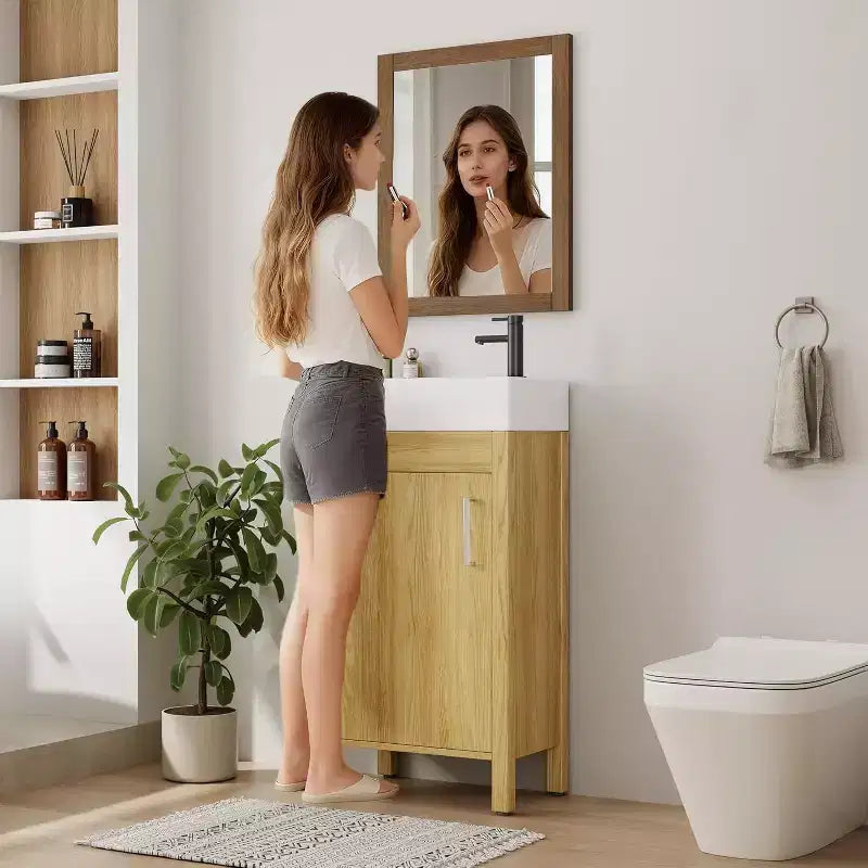 16 Inch Freestanding Bathroom Vanity with Sink, Single Door Storage Cabinet Soft Close for Small Bathroom Powder Room