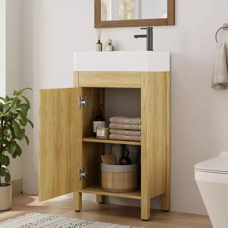 16 Inch Freestanding Bathroom Vanity with Sink, Single Door Storage Cabinet Soft Close for Small Bathroom Powder Room
