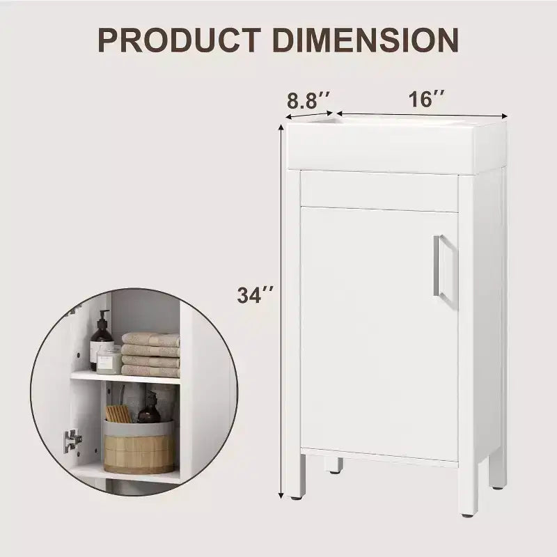 16 Inch Freestanding Bathroom Vanity with Sink, Single Door Storage Cabinet Soft Close for Small Bathroom Powder Room