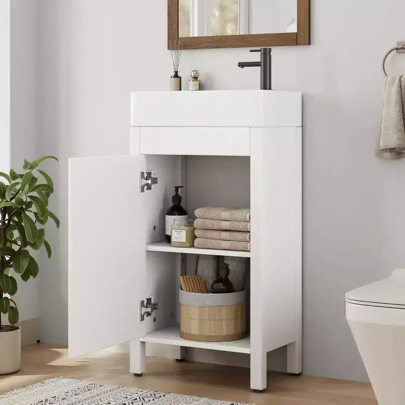 16 Inch Freestanding Bathroom Vanity with Sink, Single Door Storage Cabinet Soft Close for Small Bathroom Powder Room