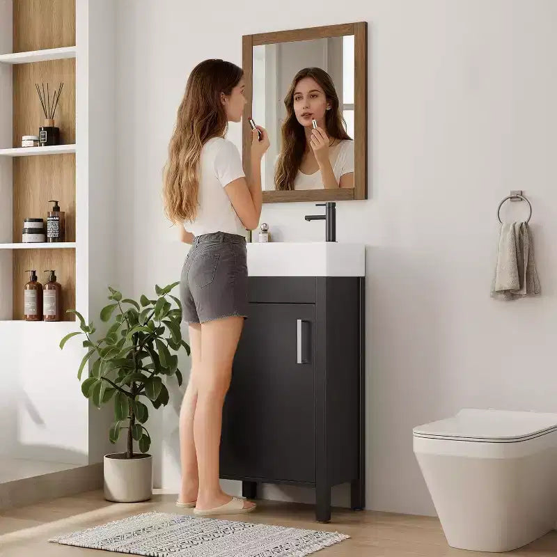 16 Inch Freestanding Bathroom Vanity with Sink, Single Door Storage Cabinet Soft Close for Small Bathroom Powder Room