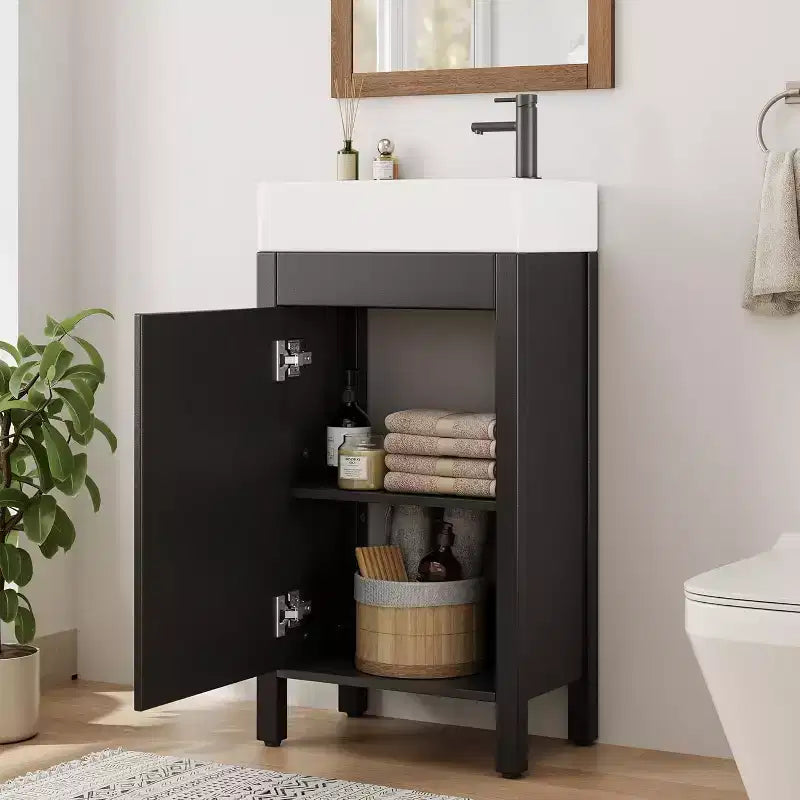 16 Inch Freestanding Bathroom Vanity with Sink, Single Door Storage Cabinet Soft Close for Small Bathroom Powder Room