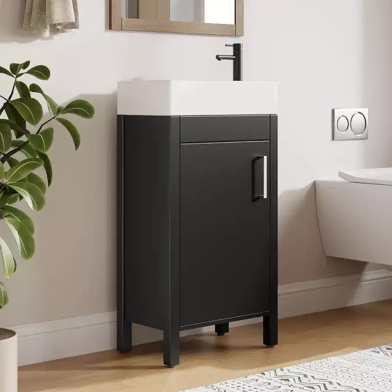 16 Inch Freestanding Bathroom Vanity with Sink, Single Door Storage Cabinet Soft Close for Small Bathroom Powder Room