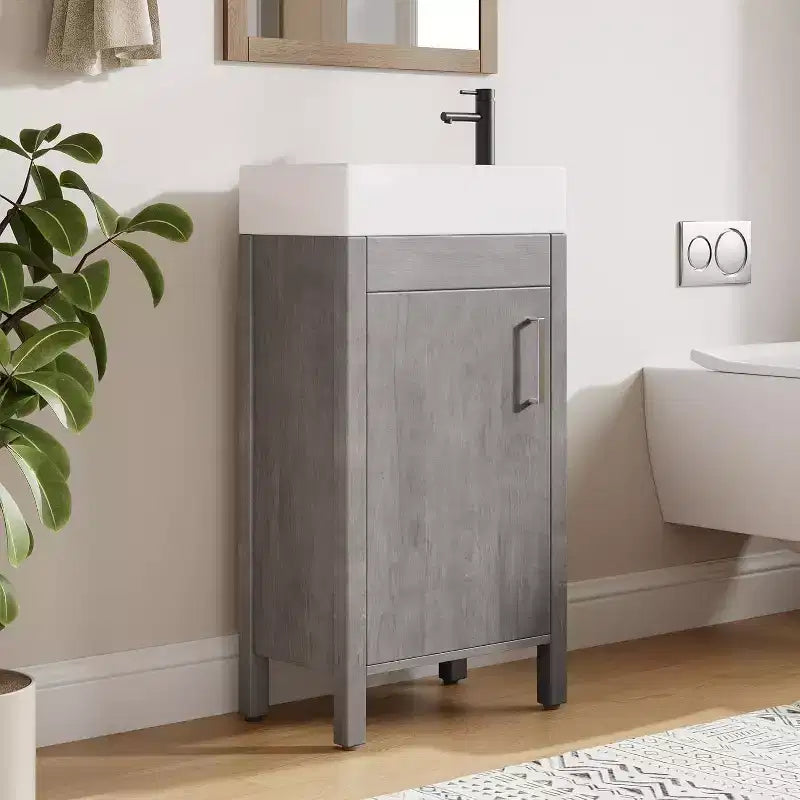 16 Inch Freestanding Bathroom Vanity with Sink, Single Door Storage Cabinet Soft Close for Small Bathroom Powder Room