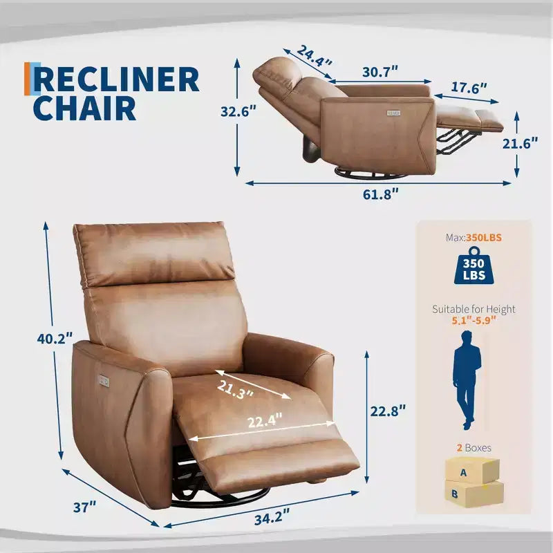Modern Power Recliner Chair with USB Ports - PU Leather 270 Swivel Rocker for Living Room Nursery Bedroom - Brown