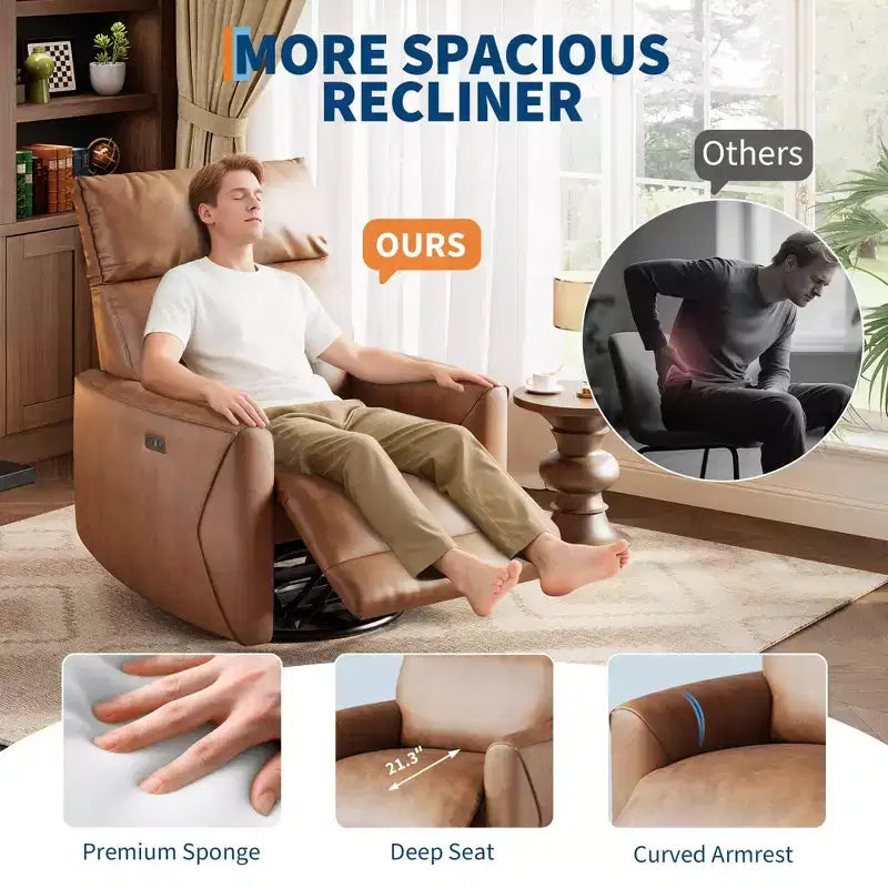 Modern Power Recliner Chair with USB Ports - PU Leather 270 Swivel Rocker for Living Room Nursery Bedroom - Brown