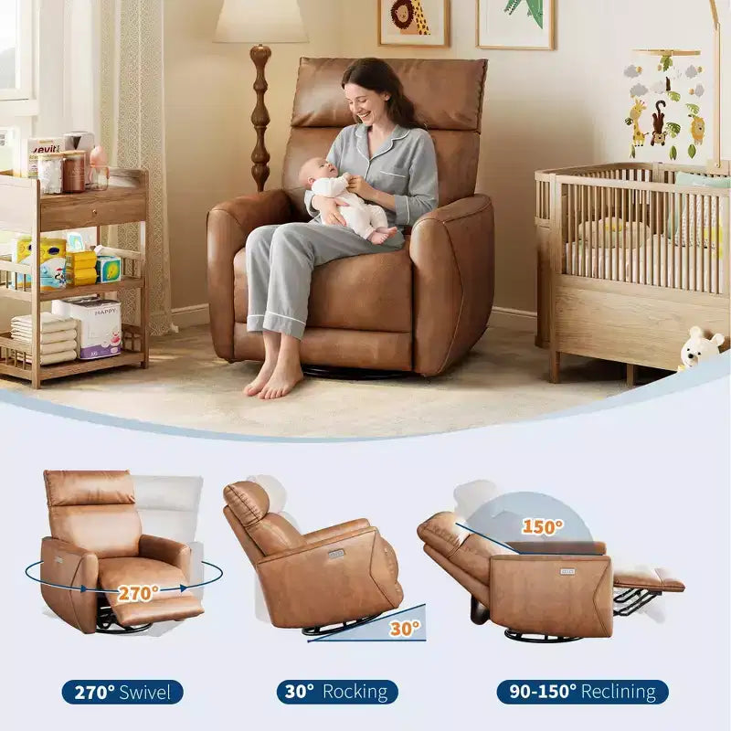 Modern Power Recliner Chair with USB Ports - PU Leather 270 Swivel Rocker for Living Room Nursery Bedroom - Brown